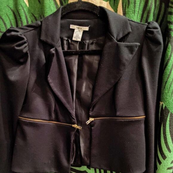 Bar III Cropped Black Puff Sleeve Jacket w. Gold Zipper Accent Sz XS - Picture 1 of 7